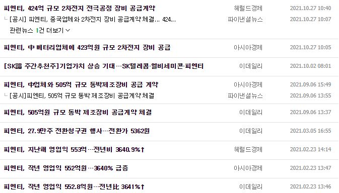 피엔티 뉴스, 공시