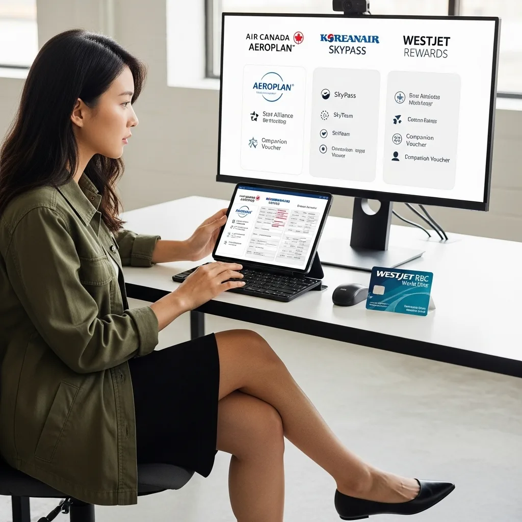 대형 모니터와 태블릿으로 'AEROPLAN', 'SKYPASS', 'Westjet Rewards'의 혜택을 비교 분석