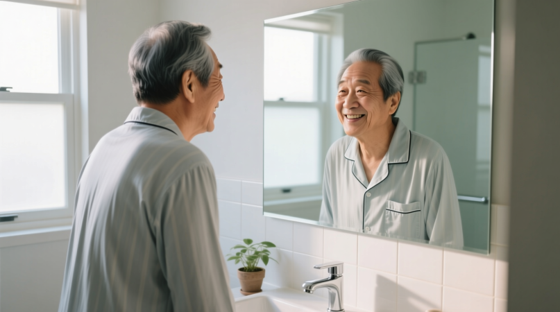 고령층-정서-안정을-위해-거울을-보며-충분하다고-말하는-노년-남성