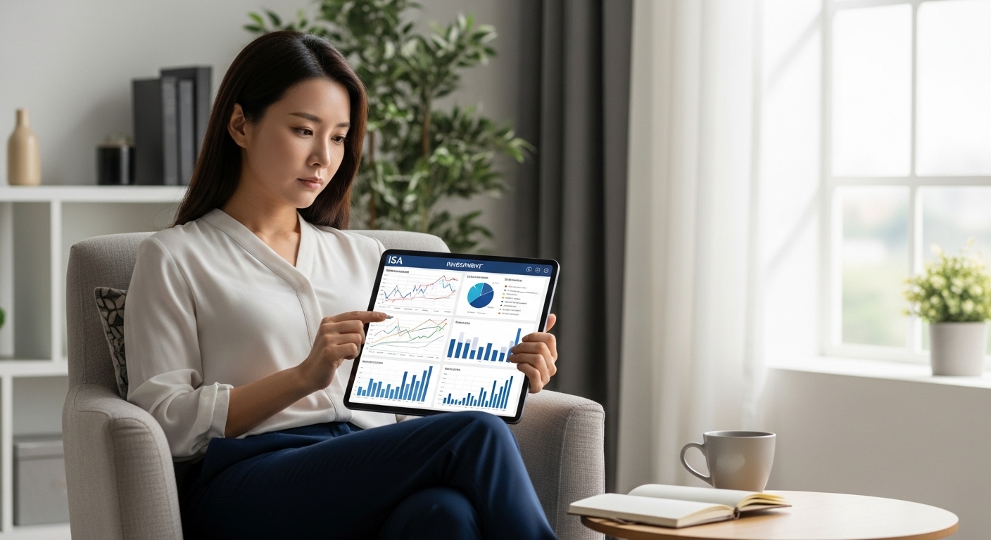 ISA 투자 포트폴리오를 태블릿으로 살펴보는 한국인 여성