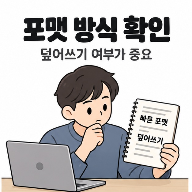 포맷 방식 확인 문구 아래 사용자가 노트북 앞에서 빠른 포맷과 덮어쓰기가 적힌 메모를 확인하는 모습