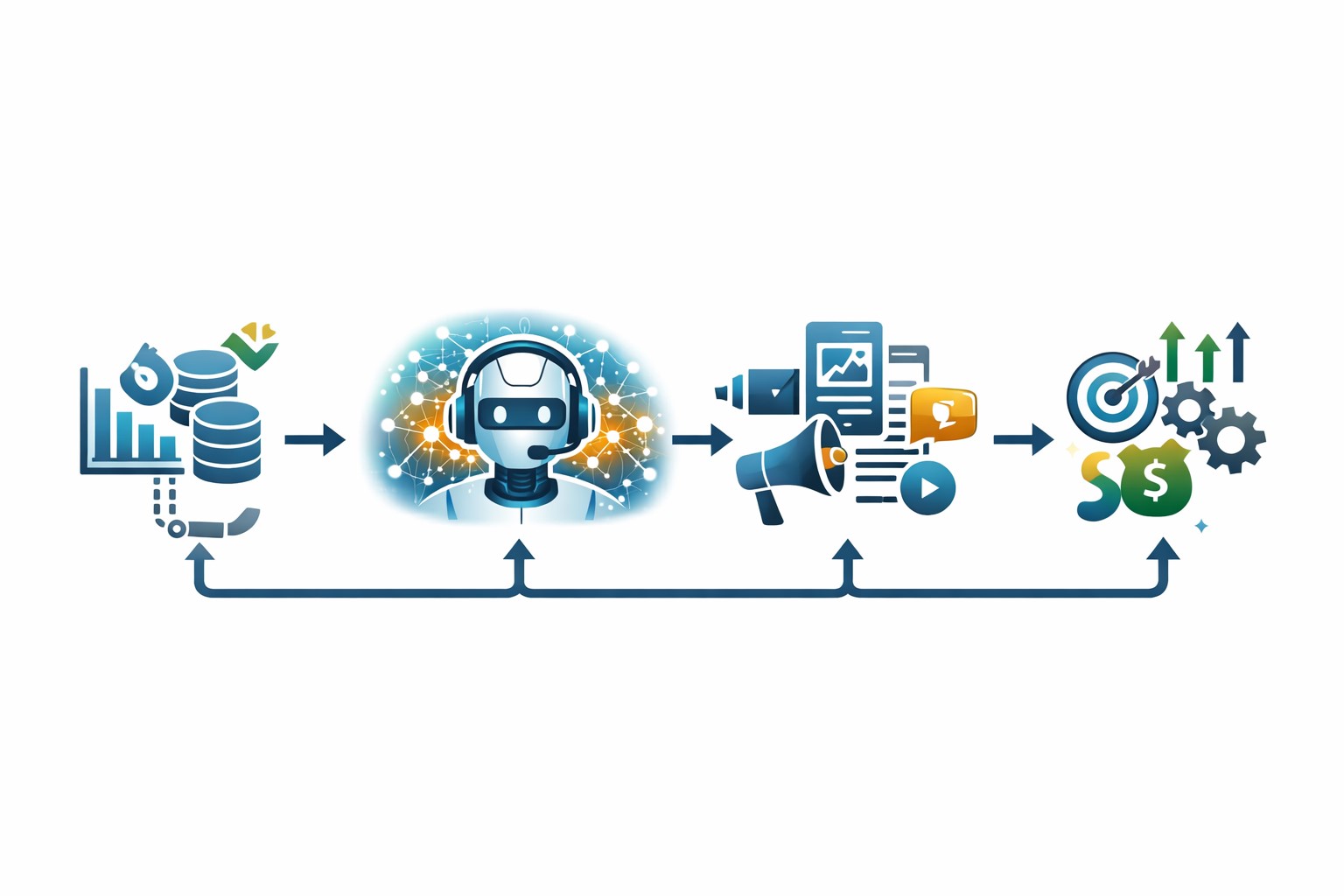 AI 마케팅 자동화 전체 운영 흐름을 아이콘과 화살표로 정리한 다이어그램