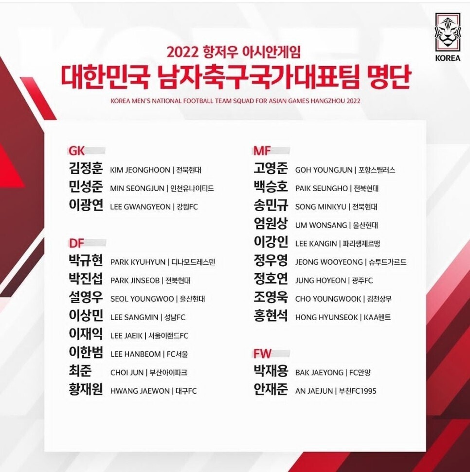 아시안게임 축구명단