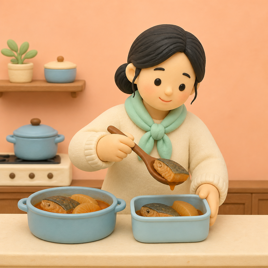 도시락 통에 고등어조림을 덜어 담는 모습
