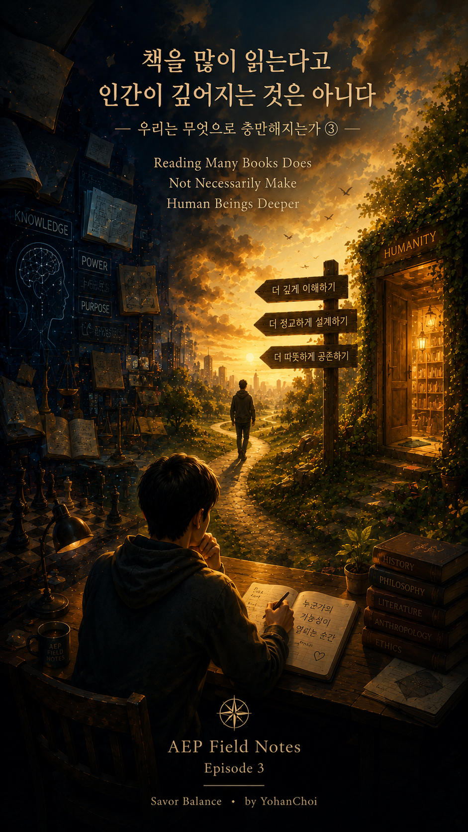 A cinematic vertical illustration for AEP Field Notes Episode 3, depicting a person writing while reflecting on the relationship between knowledge, human understanding, and moral purpose. Books on philosophy, history, literature, anthropology, and ethics surround the workspace, symbolizing the pursuit of wisdom beyond accumulated information. The artwork explores the contrast between acquiring knowledge and cultivating genuine human depth, asking whether reading alone can make people wiser or more humane. This artwork visually represents the central philosophical theme explored in this episode of AEP Field Notes.