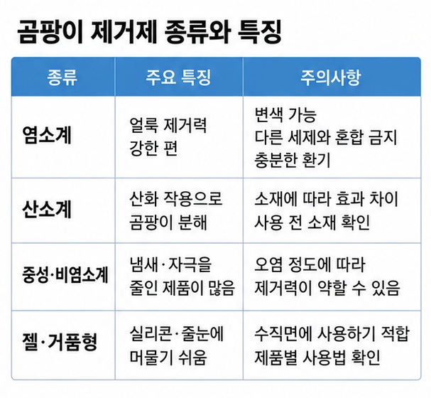 염소계 산소계 중성 비염소계 젤 거품형 곰팡이 제거제의 특징과 주의점을 표로 비교한 이미지