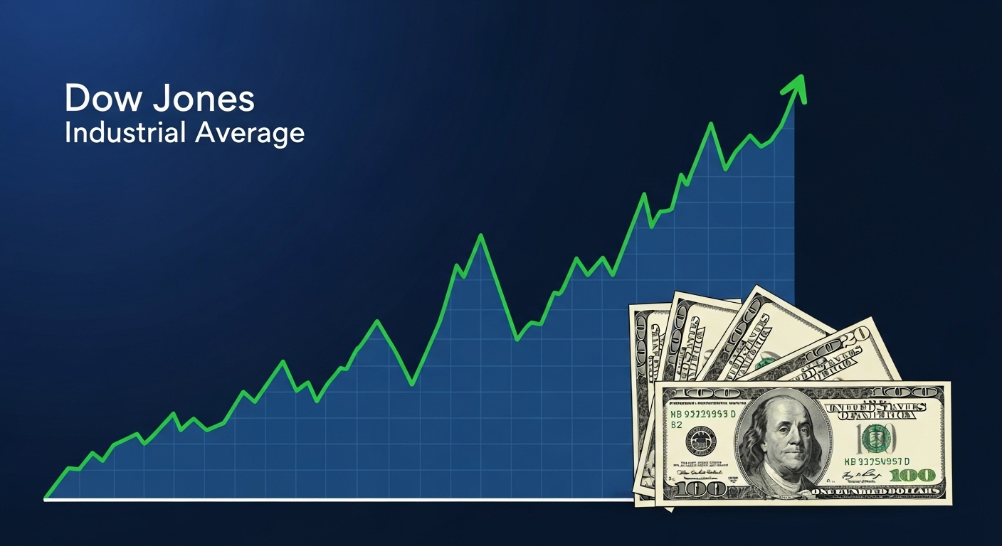 미국 다우존스 지수 그래프와 달러 지폐가 함께 나타나는 모습
