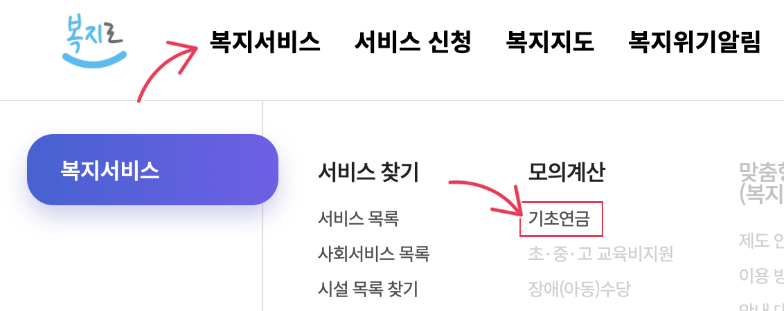 2026년 기초연금 복지로 모의계산 신청 경로 안내 화면