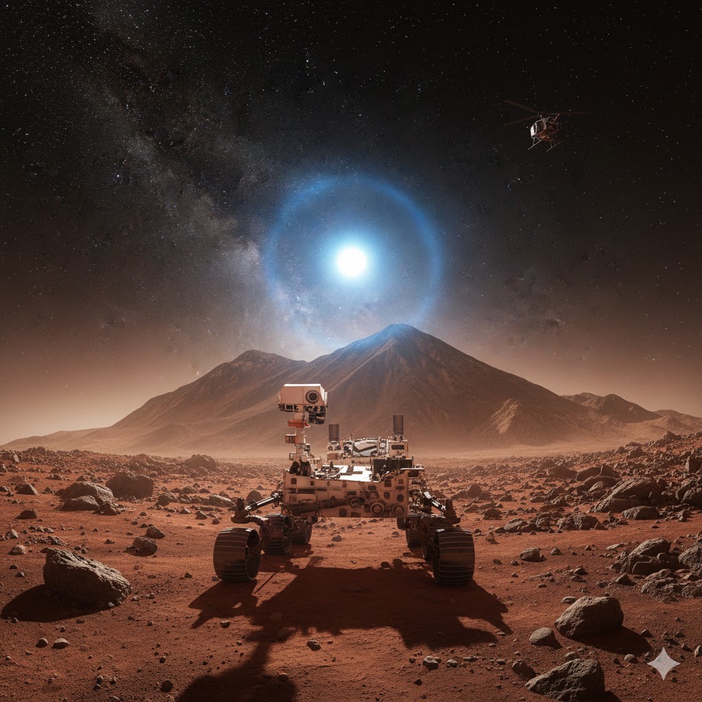 화성 지표면에서 바라본 푸른 노을과 탐사 로버 큐리오시티, 그리고 상공을 비행하는 인제뉴이티 헬리콥터 일러스트