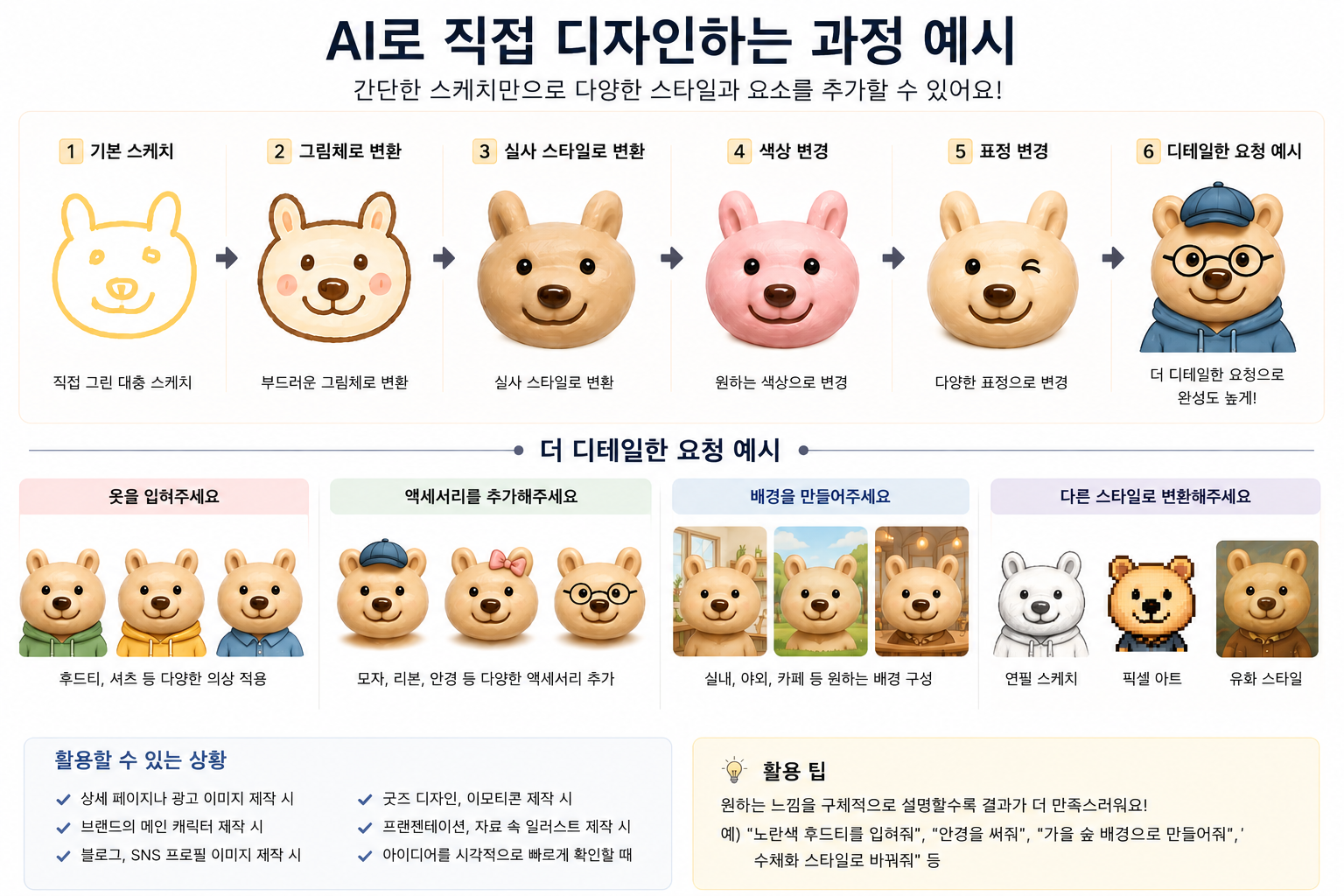 단순한 곰 캐릭터 스케치가 ChatGPT를 통해 실사, 수채화, 픽셀 아트 등 다양한 스타일로 제작된 예시