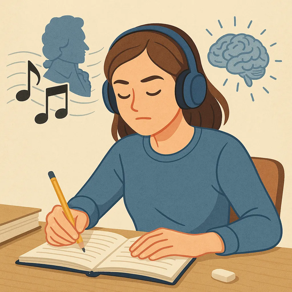 클래식-음악을-들으며-공부하는-여성의-주변에-음표와-뇌파가-그려진-모습으로,-클래식-선율이-뇌의-집중력과-인지-활동을-향상시키는-효과를-시각적으로-표현한-일러스트