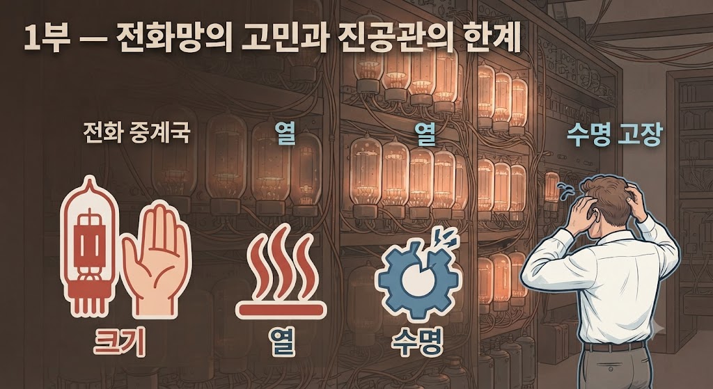 거대한 진공관이 수없이 꽂혀있는 복잡한 전화 중계국의 벽면을 배경으로, AT&T 엔지니어들이 골머리를 앓는 모습을 담았습니다. '열', '부피', '잦은 고장'이라는 진공관의 3대 단점을 직관적인 아이콘으로 표현하여, 이를 대체할 고체 장치가 왜 절실했는지 보여줍니다.