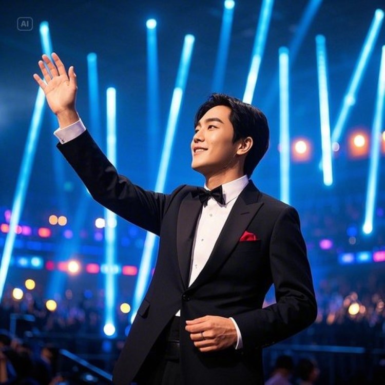 화려한 조명 아래 임영웅이 팬들에게 손을 들어 인사하는 대형 콘서트장, 그림 같은 하늘빛 응원봉들이 물결치는 장면