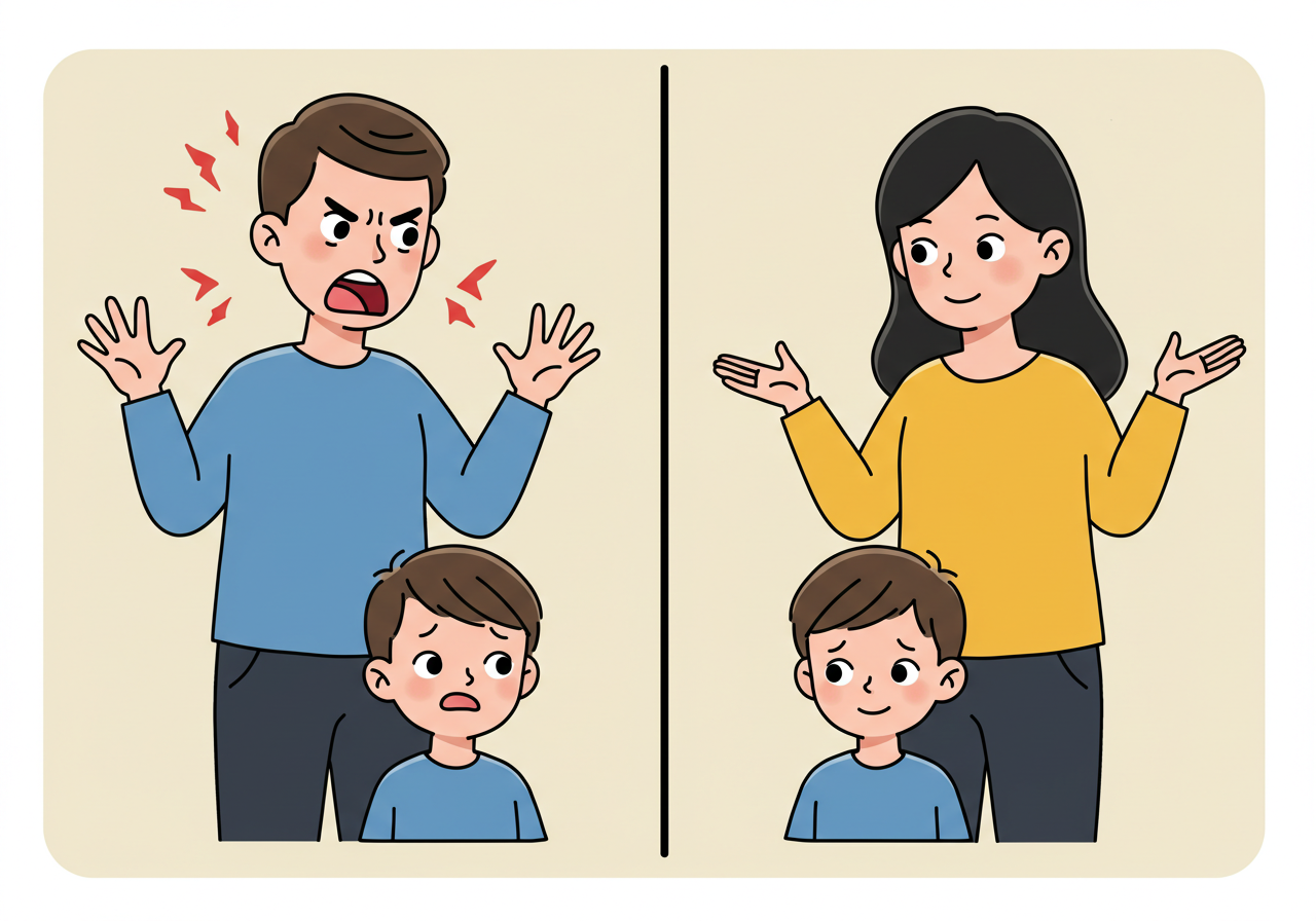 하나는 소리 지르고 하나는 차분히 말허는 두 부모와 아이 반응을 나눈 일러스트