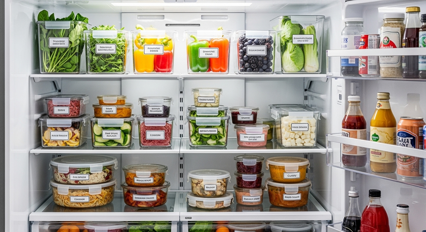 다양한 식재료가 깔끔하게 정리된 냉장고 내부. 효율적인 식재료 보관과 '냉파' 습관을 보여줍니다.