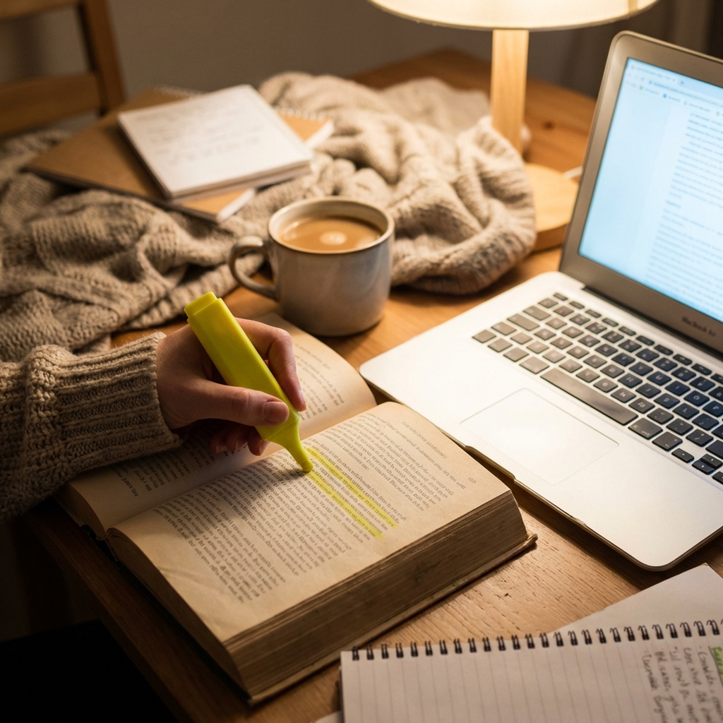 아늑한 공부방 환경에서 커피 한 잔과 노트북 옆에 놓인 '언스크립티드' 책의 핵심 문구에 노란색 형광펜으로 밑줄을 긋고 있는 손. 구체적인 실행 계획을 수립하는 진지한 학구적 분위기의 8k 사진.