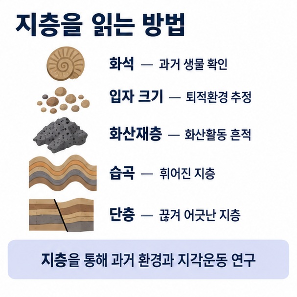 지층 속 화석 화산재층 습곡 단층을 통해 과거 환경 생물 지각운동을 알아내는 방법을 정리한 이미지