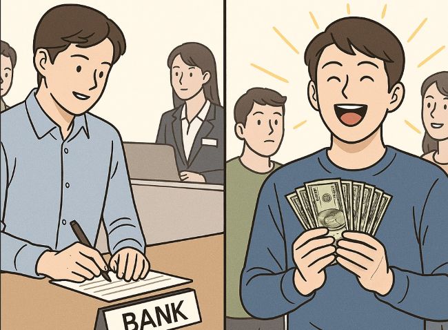 청년계좌가입하는 모습과 만기 목돈을 받고 즐거워 하는 모습