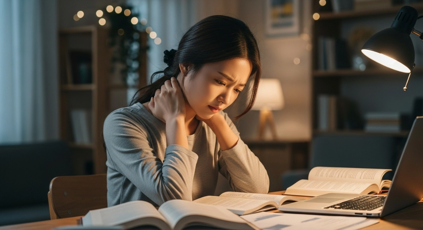 목과 어깨를 주무르며 피로해 보이는 사람 장면