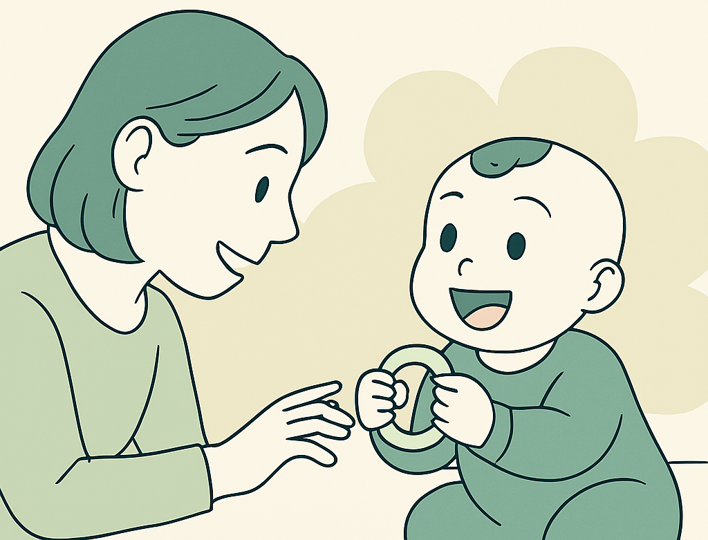 생후 5개월 아기가 양손으로 장난감을 잡고 엄마와 교감하는 모습