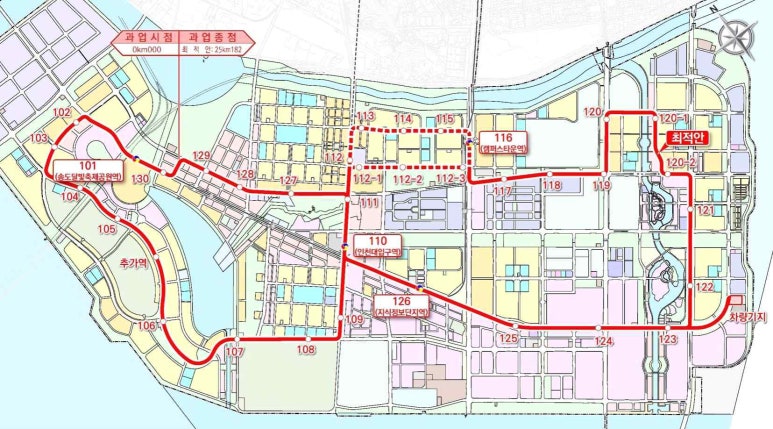 송도국제도시 내부를 8자 형태로 순환하며 주요 거점을 연결하는 송도트램 상세 계획 평면도