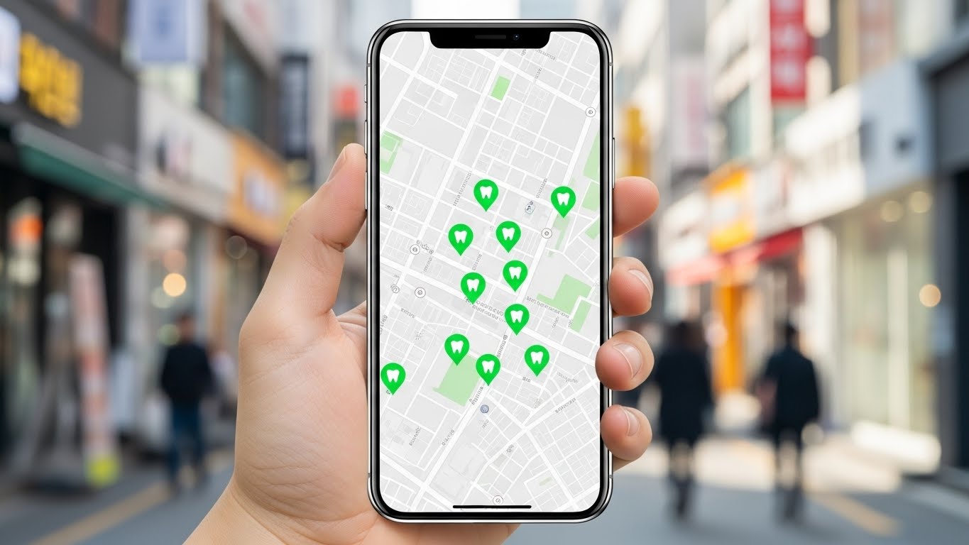 스마트폰 앱을 통해 주변의 검증된 전문 치과 시스템을 실시간으로 검색하는 1인칭 시점