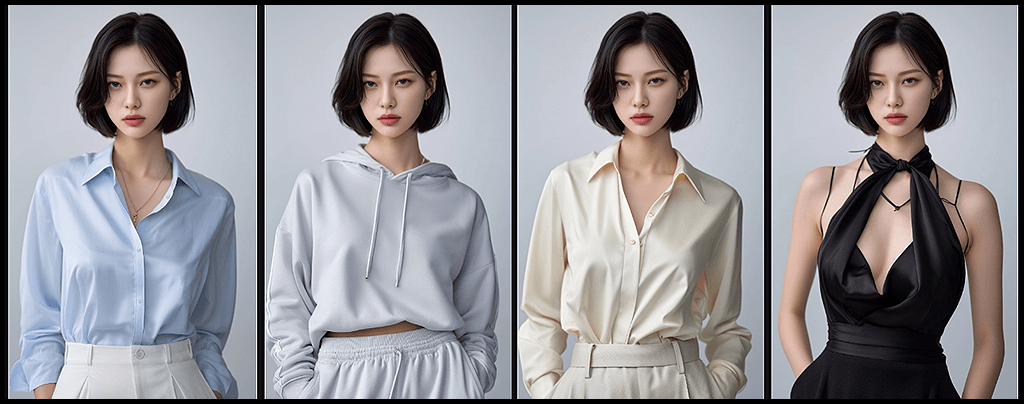 여성 모델이 다양한 스타일의 의상으로 수정한 룩북 이미지_Midjourney