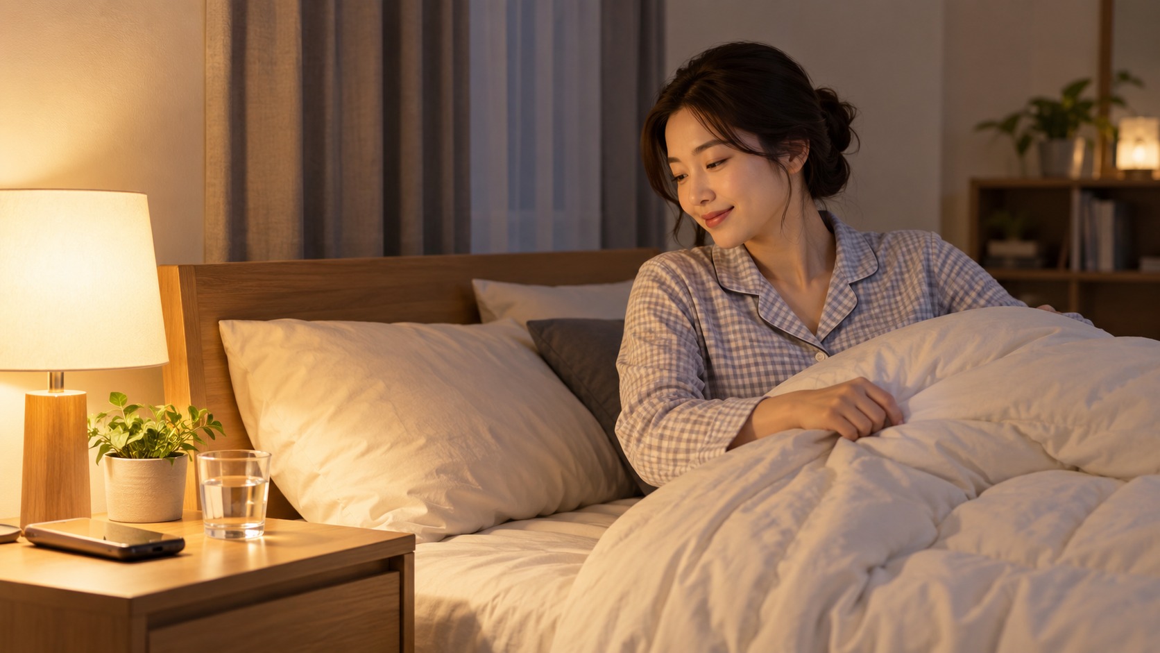 조명이 낮아진 침실에서 잠자리를 준비하며 규칙적인 수면 습관을 실천하는 여성