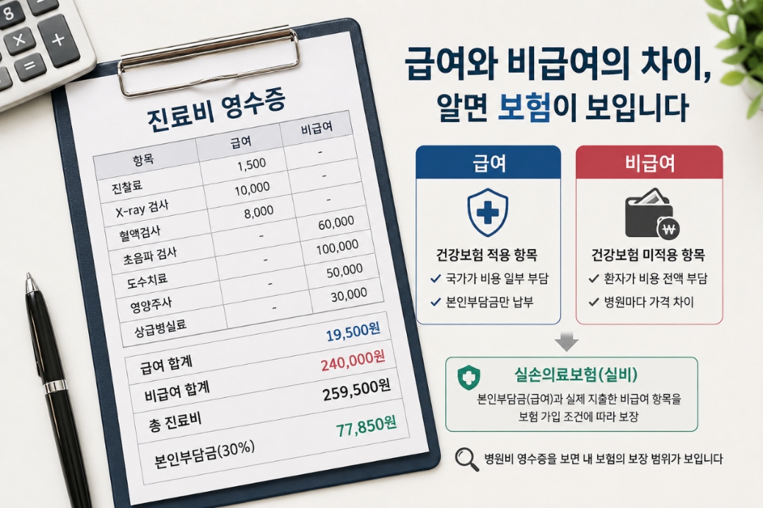 진료비 영수증 예시와 함께 급여와 비급여의 차이점을 비교한 안내 인포그래픽 이미지