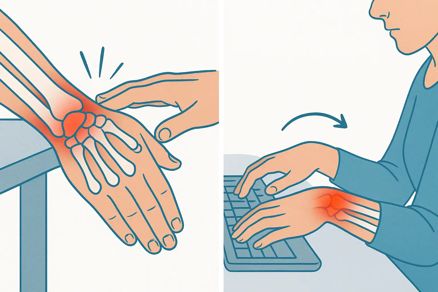 손목 관절에 염증이 생긴 모습, 외부 충격과 잘못된 자세로 손목이 꺾인 장면