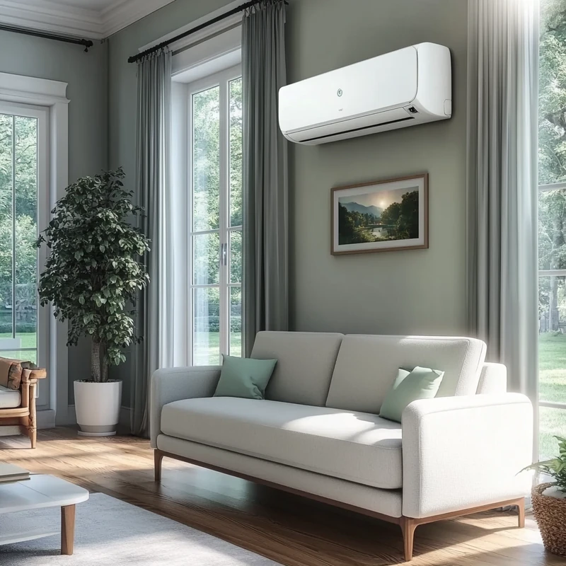 최첨단 공기 정화 기술을 통해 깨끗한 공기를 제공하는 에어컨, 일본 미니멀리즘 인테리어를 닮은 쾌적한 생활 공간.