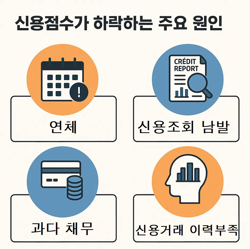신용점수 하락 원인 인포그래픽: 연체, 과다 채무, 신용조회 남발, 신용거래 이력 부족