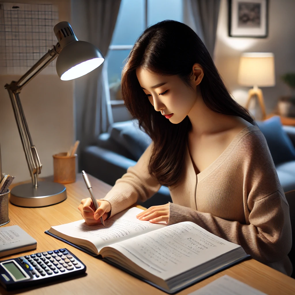 공부방에서 교재와 예제를 참고하며 노트에 필기하는 젊은 여성