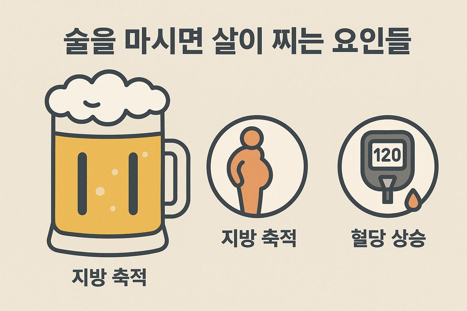 술을 마시면 지방 축적과 혈당 상승 등 살이 찌는 요인이 나타나는 과정을 설명한 인포그래픽 이미지