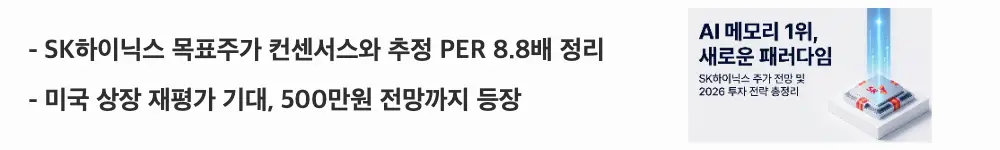'SK하이닉스 목표주가 컨센서스와 추정 PER 8.8배 정리'라는 문구가 포함된 웹배너 이미지. 이 이미지는 SK하이닉스의 증권사 목표주가와 PER 밸류에이션, 미국 상장 재평가 기대를 시각적으로 전달하며, 블로그의 SK하이닉스 목표주가 주제와 관련된 내용을 설명함