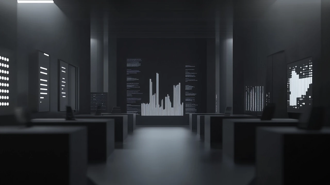 AI와 빅데이터 통합의 복잡성과 지능을 시각적으로 표현한 다이내믹 패턴. 미래 지향적 환경에서 디지털 조명이 부드럽게 비친다.