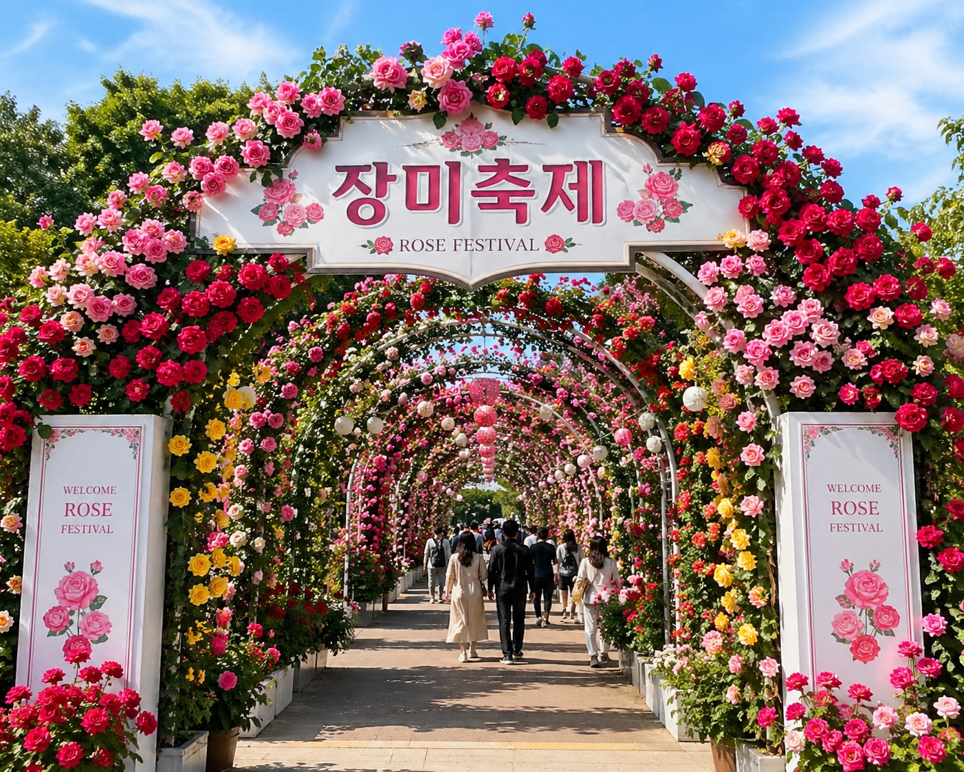 장미넝굴이 아름답게 피어난 장미 정원