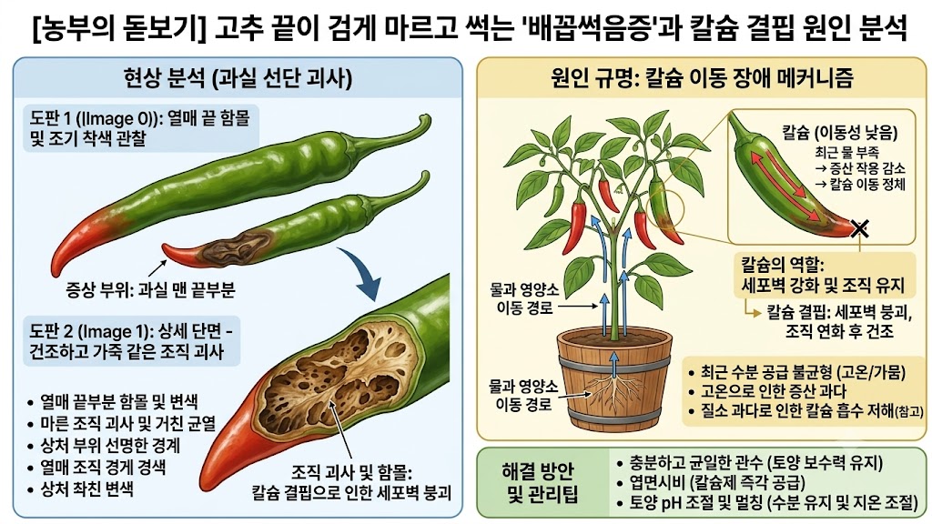 고추 열매 내에서 수분 부족 시 이동성이 낮은 칼슘이 맨 끝부분까지 도달하지 못해 배꼽썩음 증상이 발생하는 생리적 원리를 설명하는 다이어그램