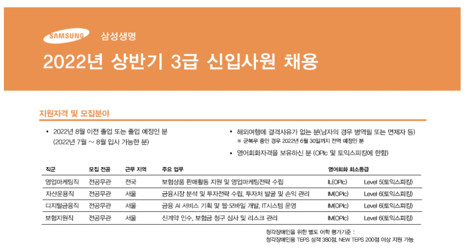 삼성생명 채용 - 3급 신입사원