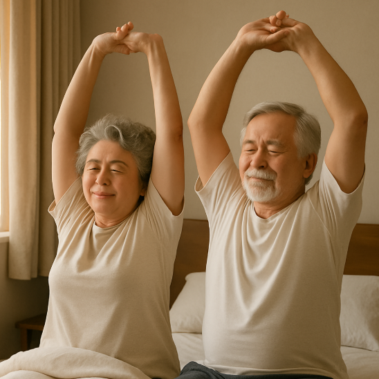 팔을 머리 위로 올려 기지개 켜듯 스트레칭하고 있는 노부부의 모습
