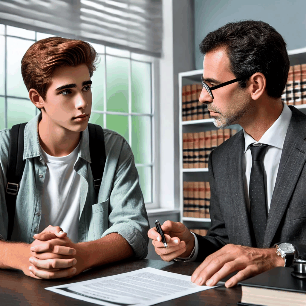 대학생이 변호사와 임대차 분쟁에 대해 진지하게 상담하는 법률 사무실의 현실적인 장면