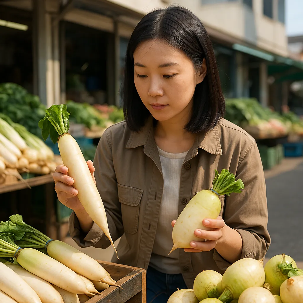 시장에서 두 종류의 무를 비교하는 여성