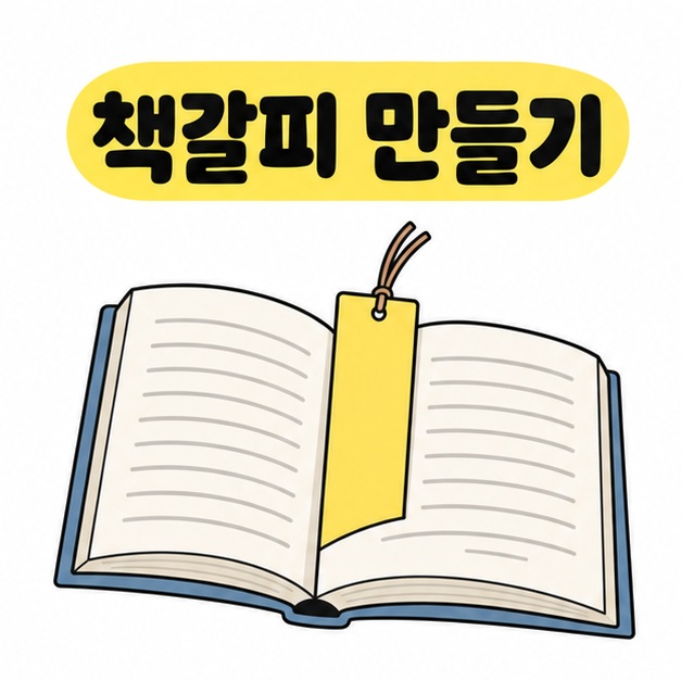 책갈피 만들기 제목과 펼친 책 사이에 얇은 끈이 달린 노란색 종이 책갈피를 끼운 완성 예시