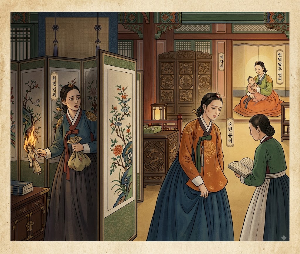 AI로 생성한 조선 궁궐 내전에서 고민에 빠진 세자빈과 궁녀들의 모습