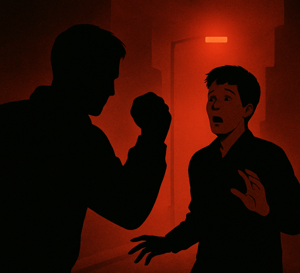 &ldquo;어두운 거리에서 주먹을 움켜쥔 인물의 실루엣이 있고 맞은 편 사람은 놀라는 얼굴을 하고 있다. 고의적 위협을 상징하는 장면&rdquo;