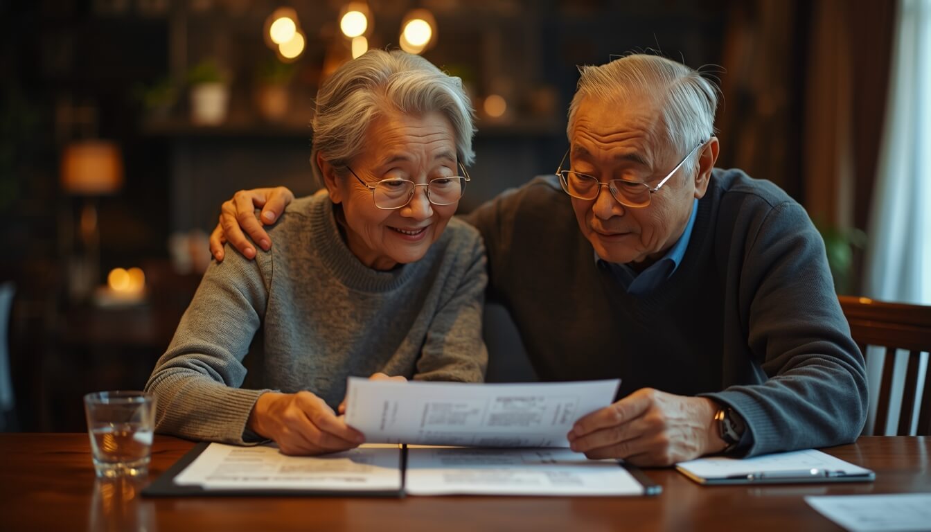 식탁에 앉아 꼼꼼하게 경제 서류를 확인하는 노부부