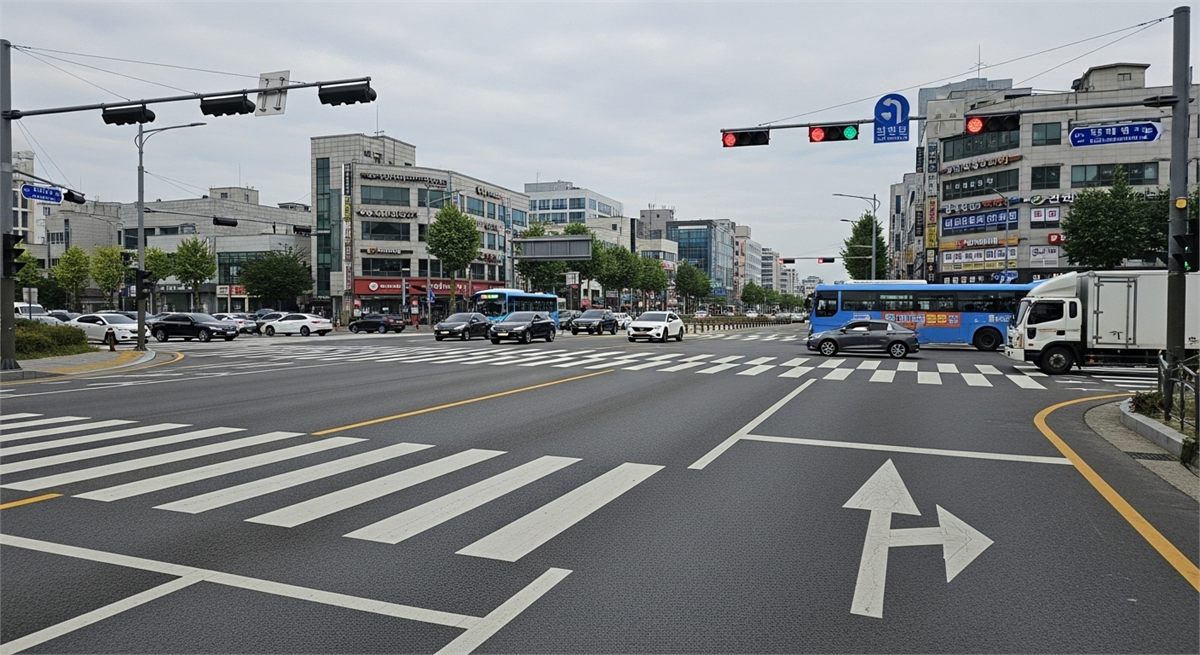우회전 차로와 횡단보도가 보이는 교차로 전경 