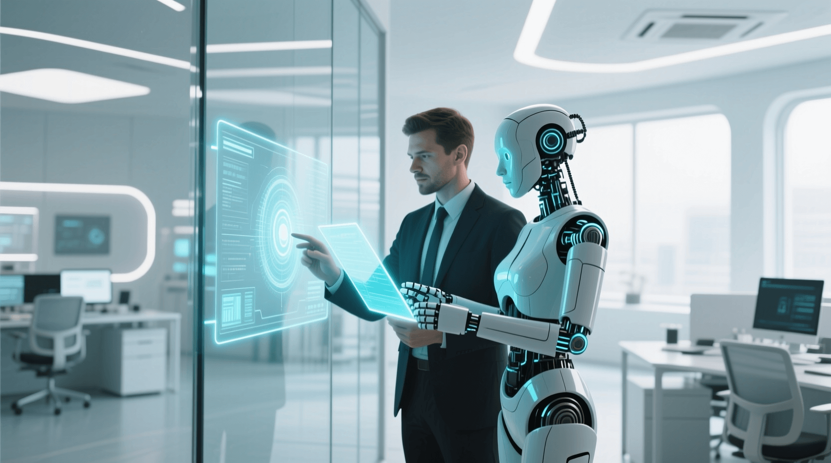 미래 지향적인 사무실에서 정장을 입은 남성과 로봇이 나란히 서서 공중에 뜬 홀로그램 스크린을 조작하며 대화하는 장면.