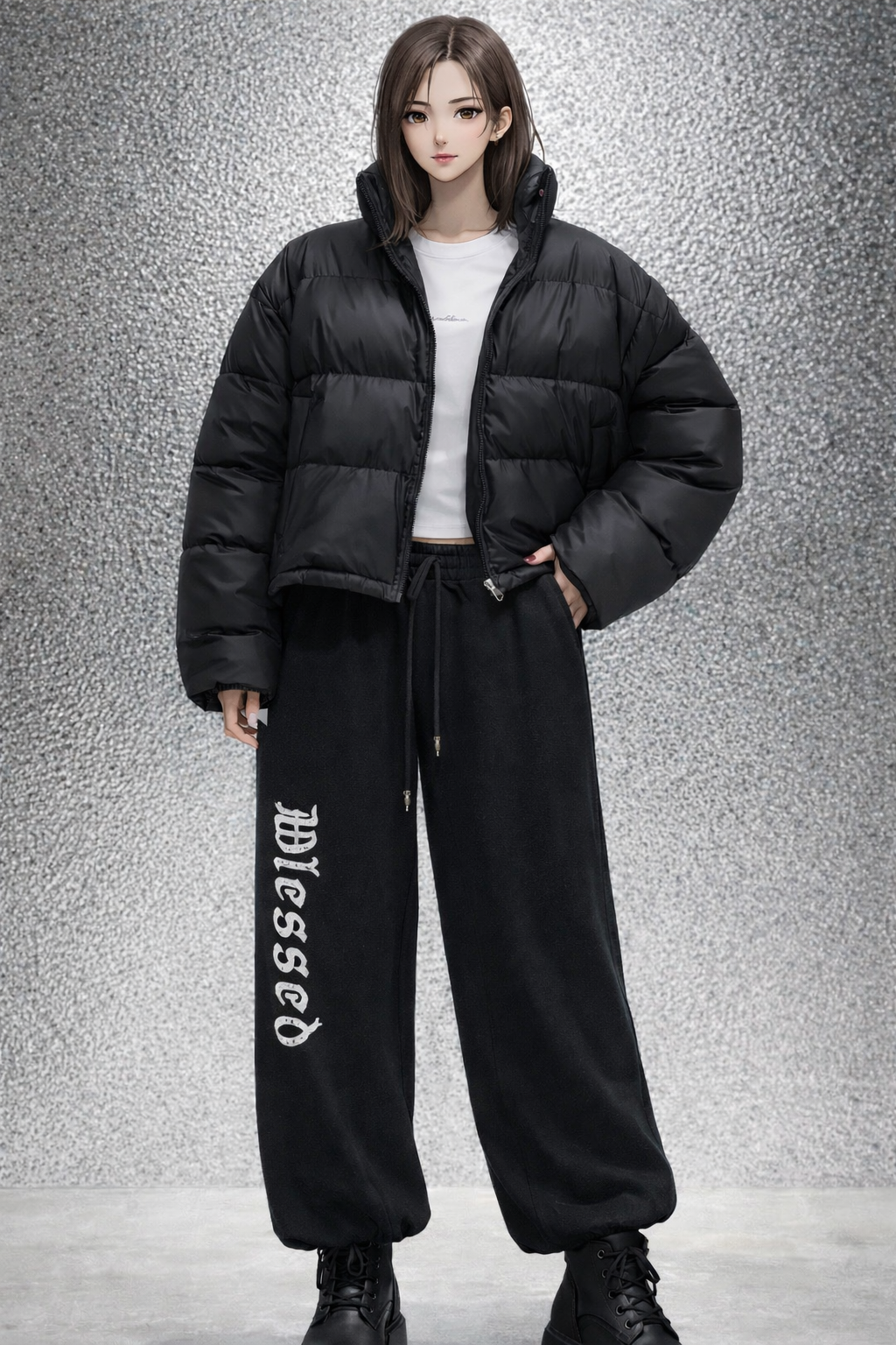 Black padded jacket training pants ankle boots camping outfit K-fashion