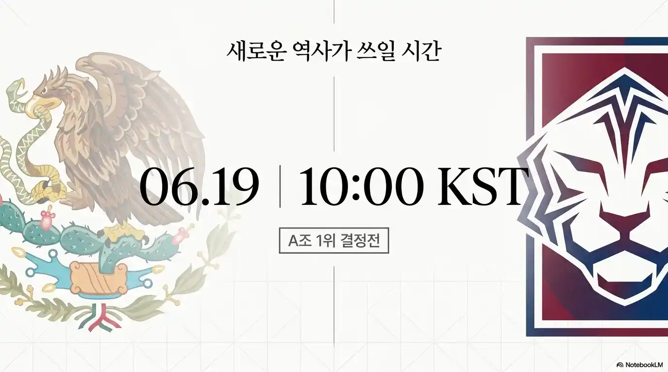 멕시코 독수리 문양과 대한민국 호랑이 문양을 양쪽에 배치하고, 중앙에 6월 19일 오전 10시 한국 시간 기준 A조 1위 결정전 일정을 안내하는 그래픽